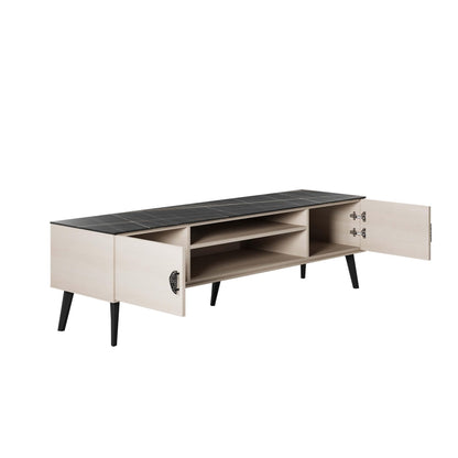 Manhattan Comfort Haley Mid Century Modern TV Stand for Televisions up to 55 Inches, Home Entertainment Center with Storage, Shelves, and Soft Close Doors, 70.9" Wide, White and Black Marble