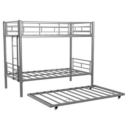 Bellemave Metal Bunk Bed with Trundle, Twin Over Twin Bunk with Guardrail and Ladder for Kids/Teenagers, Adults, No Box Spring Needed, Silver
