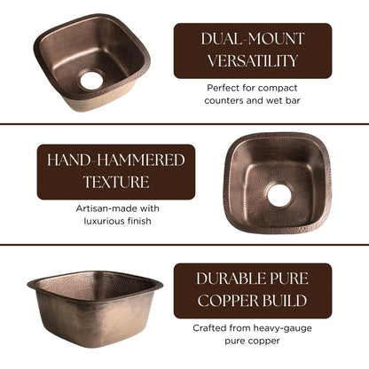 Monarch Abode Kitchen & Bar Sink – 15-inch Atlas Dual Mount Drop in Kitchen Sink, Hand Hammered Pure Copper Sinks, Drop in Bar Sinks or Undermount, Deep Single Bowl
