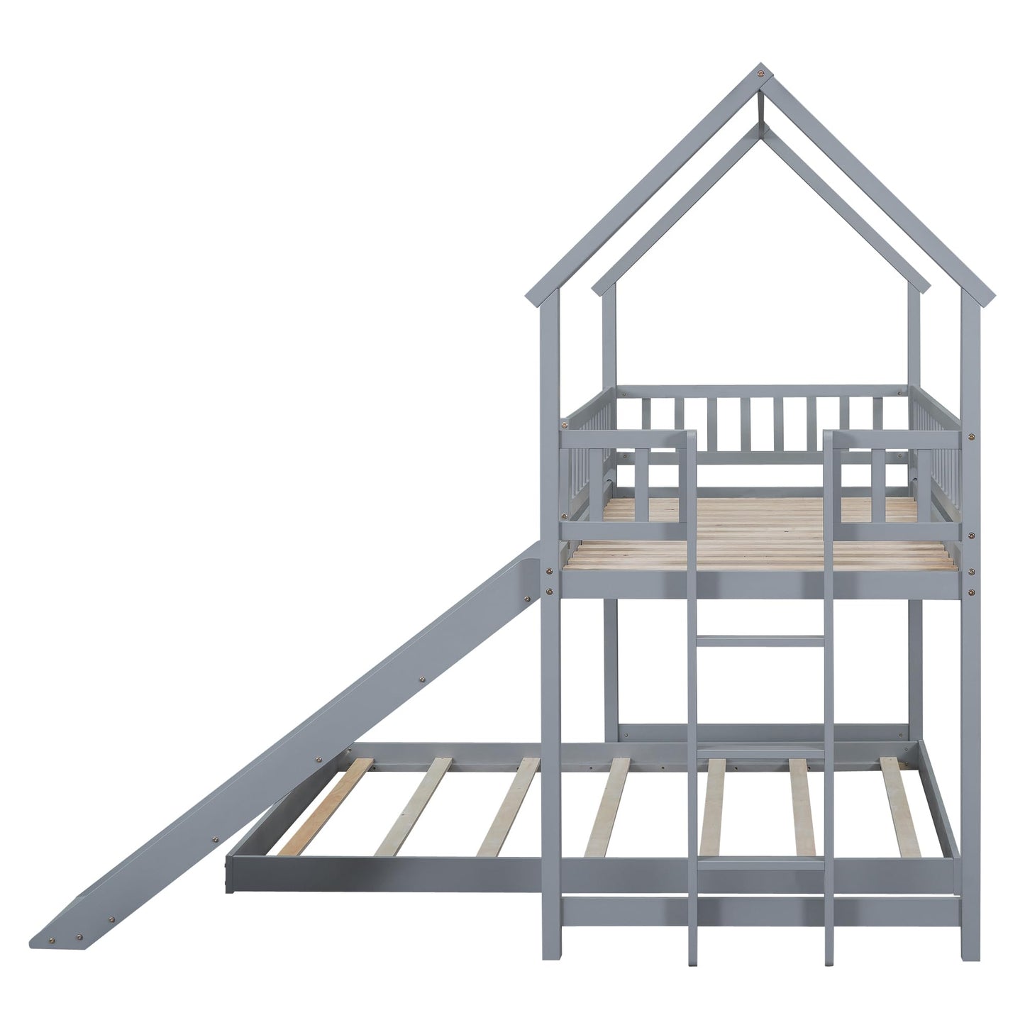 Bellemave Twin Over Full Bunk Bed with Slide and Built-in Ladder, House Shaped Solid Wood Bunk Beds with Full-Length Guardrail for Kids,Teens, Adults, No Box Spring Required, Gray