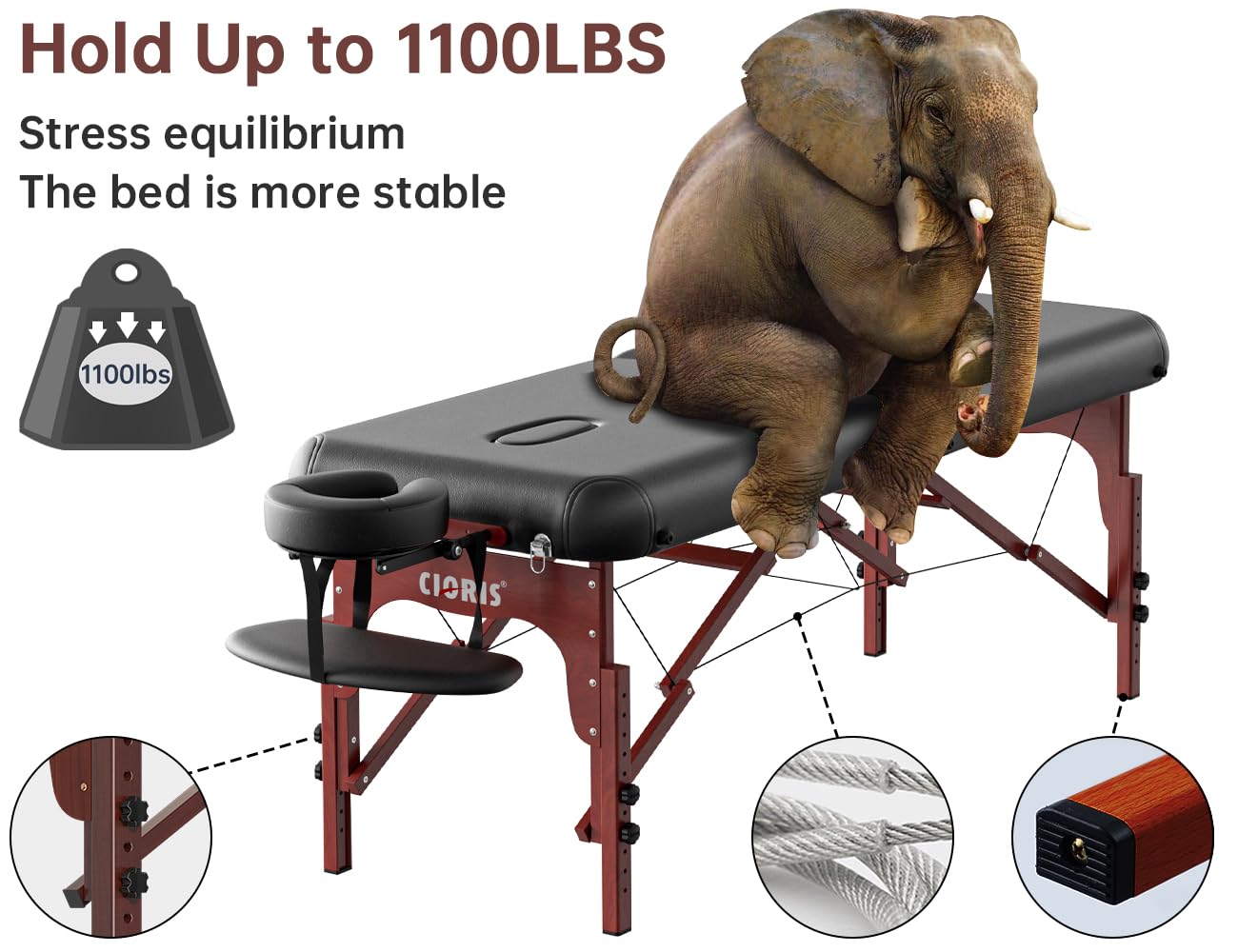 CLORIS 84" Professional Massage Table Portable 2 Folding Lightweight Facial Salon Spa Tattoo Bed Height Adjustable with Carrying Bag & Wooden Leg Hold Up to 1100LBS Black