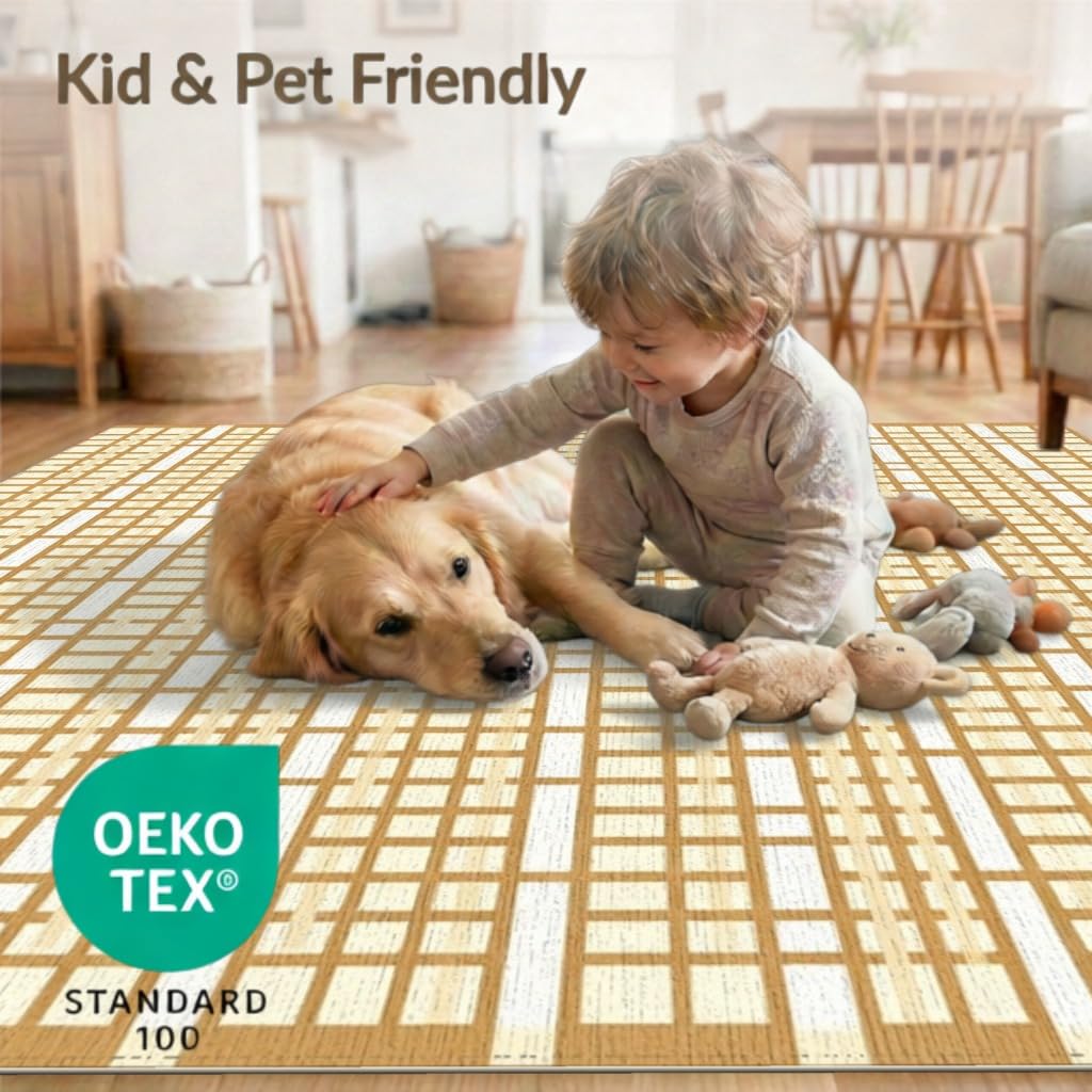 ODIKA 8'x10' Washable Geometric Grid Large Rug, Brown Non-Shedding Pet Friendly Carpet for King Size Bedroom, Master Suite, Under Bed, Foldable Easy Care Mat | Ref:2140365