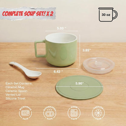 Presva Ceramic Soup Bowls with Handles & Lids, Set of 2 with Spoons & Trivets, 30oz Large Soup Mugs, Oven Safe Bowls for Soup, Ramen, Oatmeal & Cereal, Microwave & Dishwasher Safe, Green
