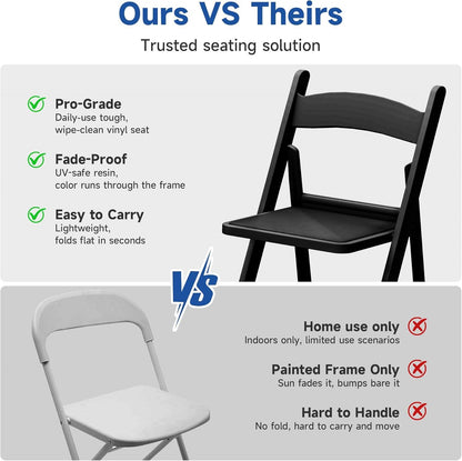Stackable Black Resin Folding Chairs - 12 Pack, Lightweight with Padded Seats, 800lb Capacity, Ideal for Indoor/Outdoor Events, Comfortable & Portable Seating Black 4 Pack (Black, 2)
