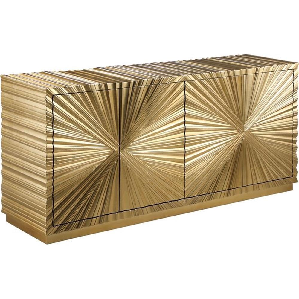 Meridian Furniture Golda Collection Modern | Contemporary Gold Leaf Sideboard/Buffet with Intricate Hand Carved Starburst Design, 66" W x 18" D x 31" H