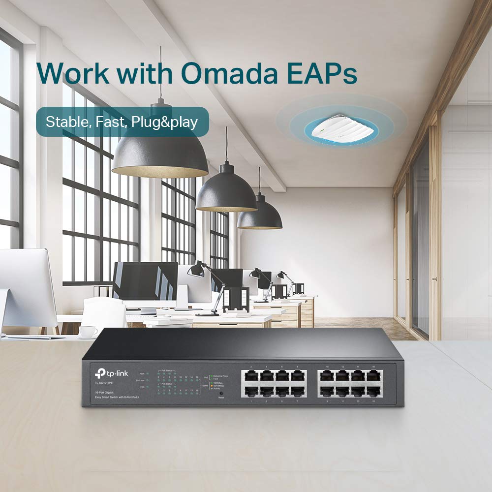 TP-Link TL-SG1016PE | 16 Port Gigabit PoE Switch | Easy Smart Managed | 8 PoE+ Ports @150W | Plug & Play | Sturdy Metal w/ Shielded Ports | QoS, Vlan, IGMP & LAG, Free Expert Help