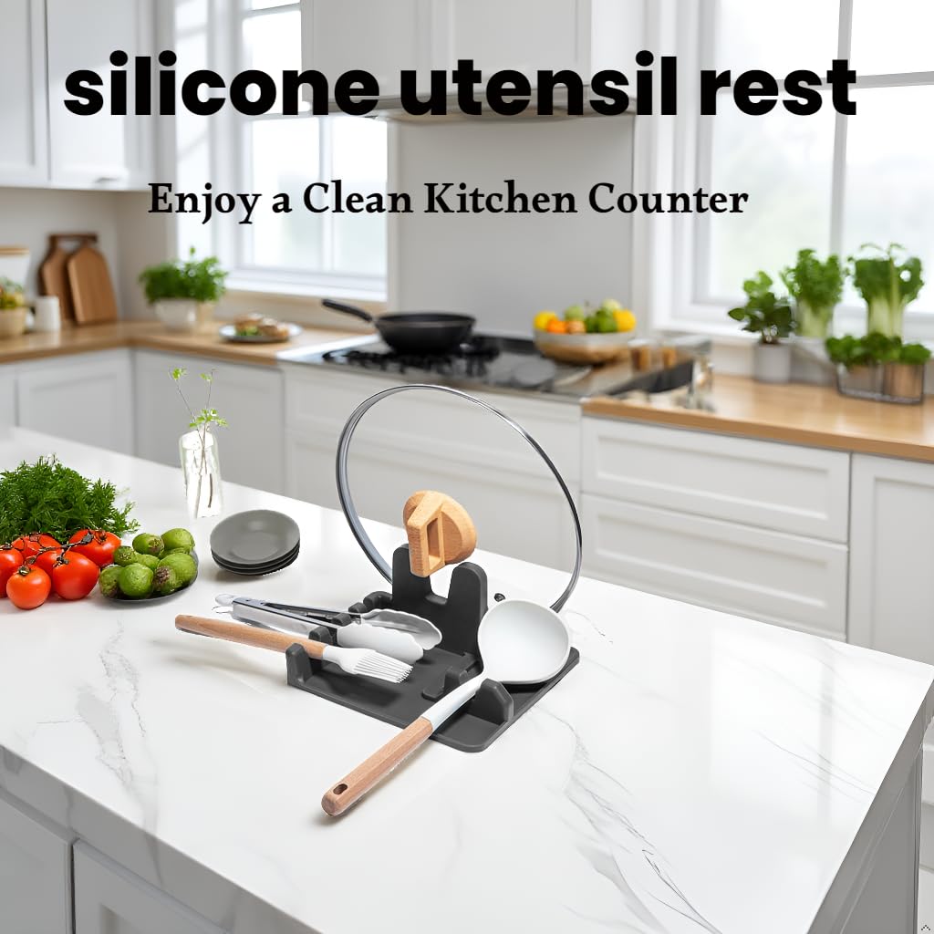 Auoon Silicone Spoon Rest with Lid Holder - 3 in 1 Kitchen Utensil Rest for Soup Ladles, Pot Lids, Spatulas, Spoons, Tongs, BPA Free & Dishwasher Safe, 8.26 x 8.06 Inch (Gray, Large)