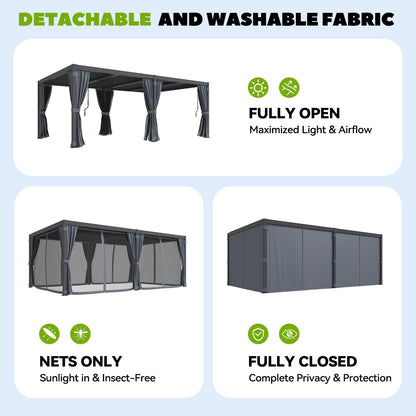 MELLCOM Louvered Pergola 12x20, Steel Aluminum Pergola with Adjustable Louvered Roofs, Outdoor Gazebo with Waterproof Curtains and Nets, Black