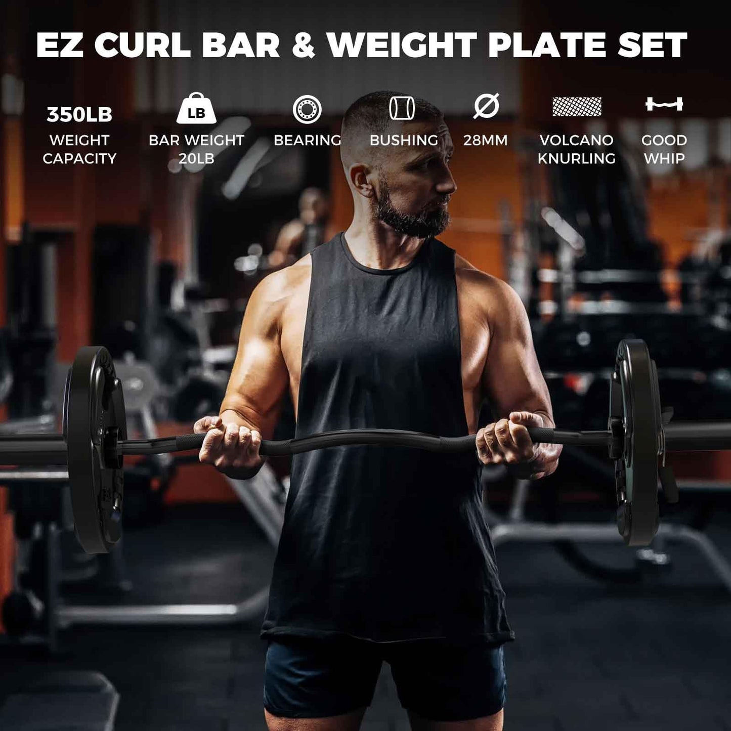 RitFit 2 Inch EZ Curl Bar with Weights, 350LBS Capacity Olympic Barbell for Bicep & Triceps, Home Gym Strength Training,Black with 85LBweights