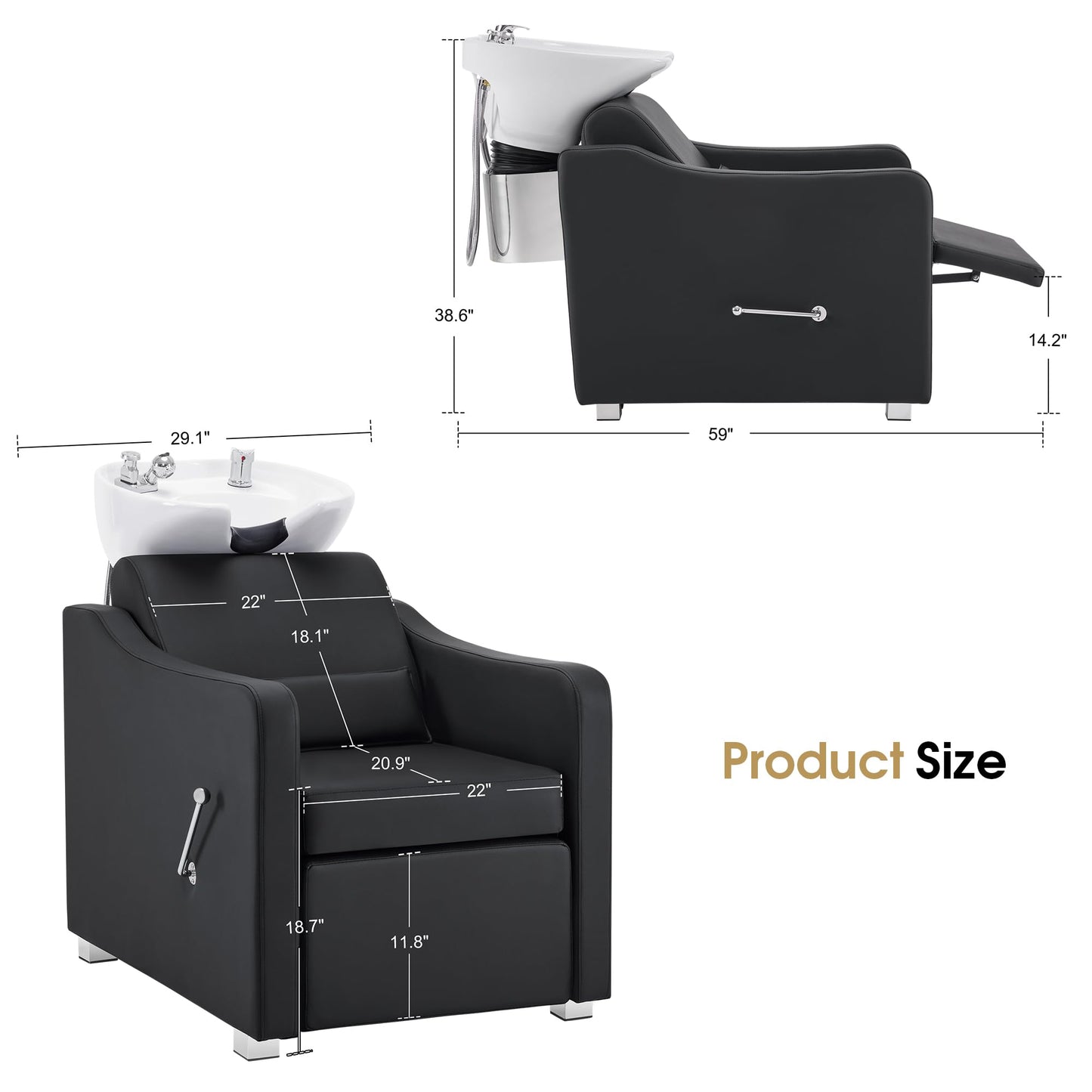BarberPub Backwash Shampoo Station Chair, Adjustable Porcelain Ceramic Hair Wash Bowl with Chair, Shampoo Station for Barber Shop, Spa Beauty Salon Equipment 9364 (Black)