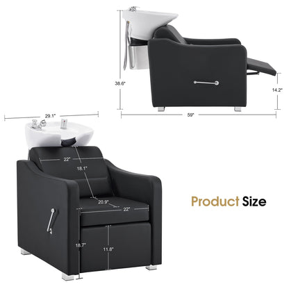 BarberPub Backwash Shampoo Station Chair, Adjustable Porcelain Ceramic Hair Wash Bowl with Chair, Shampoo Station for Barber Shop, Spa Beauty Salon Equipment 9364 (Black)