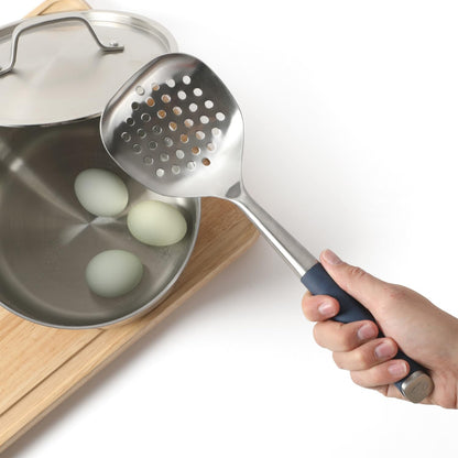 Calphalon Edge Stainless Steel Slotted Spoon/Skimmer, Kitchen Strainer Spoon, Skimmer with Silicone Heat Resistance Handle, Slotted Cooking Tool for Draining and Skimming (Blue)