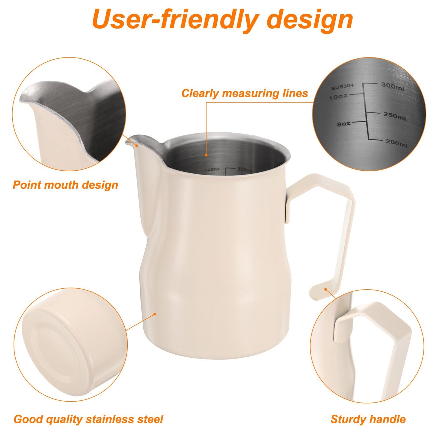 uxcell Milk Frothing Pitcher, 12oz / 350ml Stainless Steel Milk Frother Cup with Scale for Milk Steaming Pitcher Latte Art Cappuccino Coffee Espresso Accessories, Beige