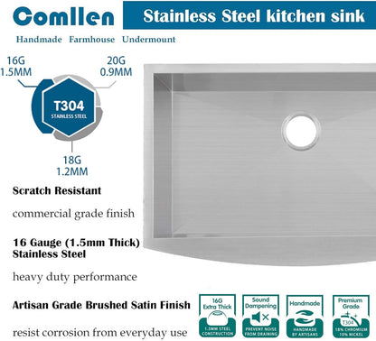 Comllen Commercial 30x20 Inch 304 Stainless Steel Farmhouse Sink, Single Bowl Kitchen Sinks 16 Gauge 9 Inch Deep Handmade Undermount Farm Apron Front Kitchen Sink