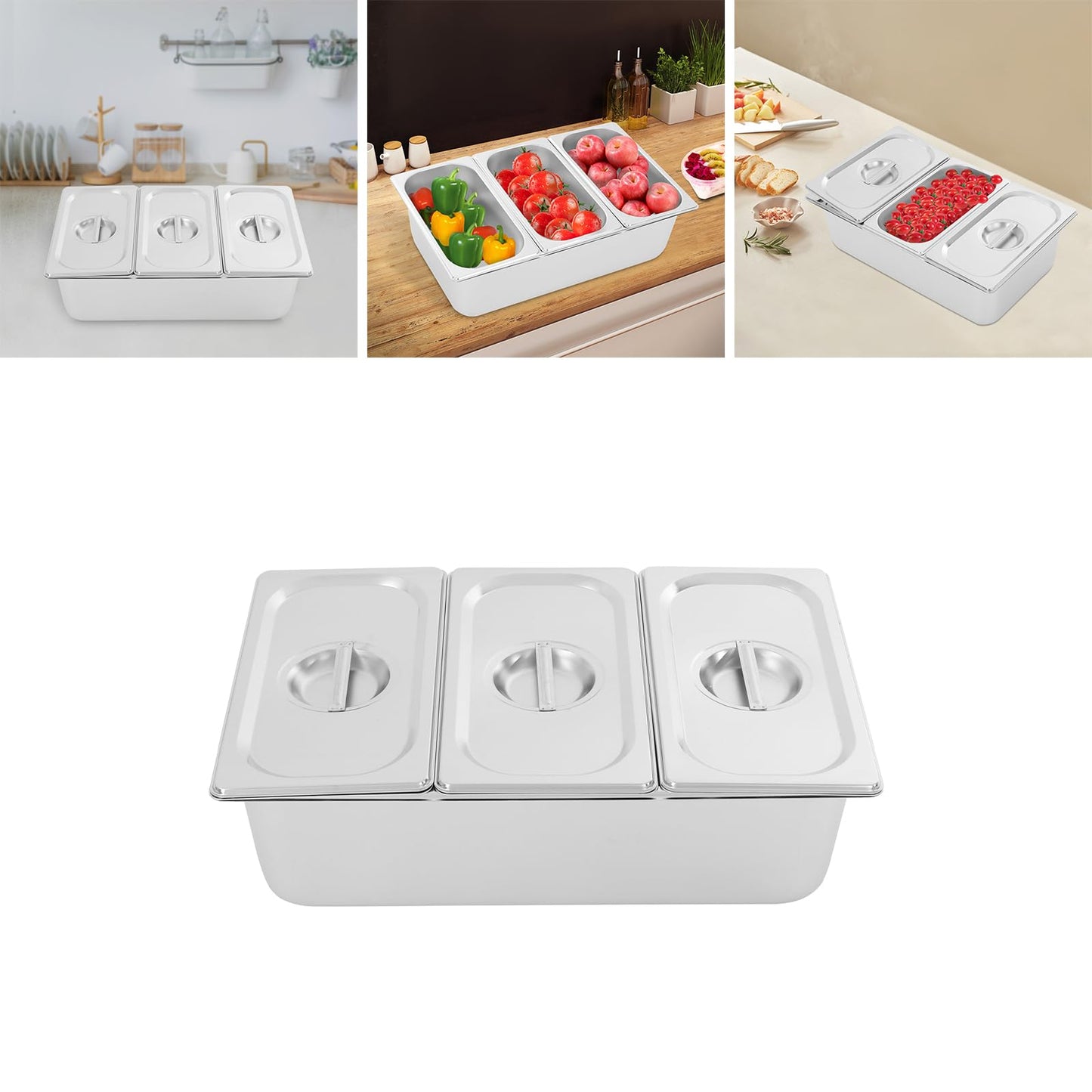 Wawuwao Chilled Condiment Server with Lid, 3-Compartment Stainless Steel Chilled Serving Tray with Lids, Commercial Food Storage Containers for Buffet Restaurant Home, 2 Types of Lids (3-Pan)