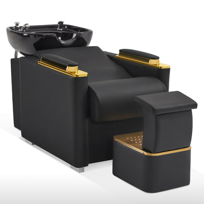 BarberPub Backwash Shampoo Station Chair with Porcelain Ceramic Hair Wash Bowl, Vacuum Breaker, Professional Black&Gold Shampoo Chair for Salon and Spa 8613 (Black)