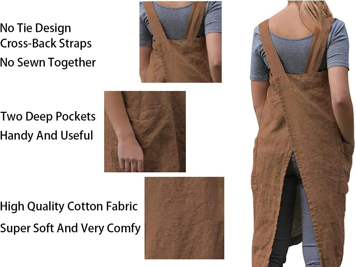 Women's Cross Back Pinafore Apron with Pockets, Cotton Linen Dress, Plus Size
