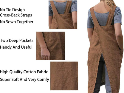 Women's Cross Back Pinafore Apron with Pockets, Cotton Linen Dress, Plus Size