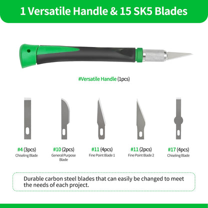 Precision Craft Knife Set with 15 Replacement Blades - Ergonomic Non-Slip Handle Hobby and Exacto Knife Set with Protective Cover for Art, Scrapbooking, Architecture Modeling, Stenciling (Green)