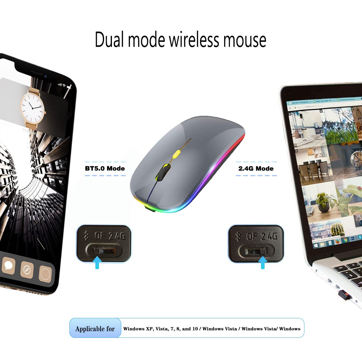 Wireless Bluetooth Mouse Rechargeable Laptop Mice with LED Lights Silent Slim Use(BT5.2 and 2.4G Portable USB Receiver)Dual Mode Computer Mouse for Laptop/iPad/Tablet/Apple/Computer/Mac(Black)