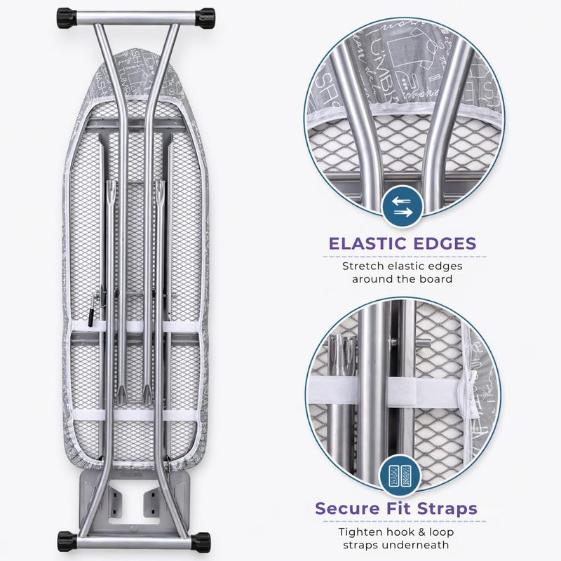 Laundry 360 Ironing Board Cover with Pad Grey Color | Elastic Edge Hook Loop Fasteners | Scorch Resistant Cotton Surface | Complete Replacement Set