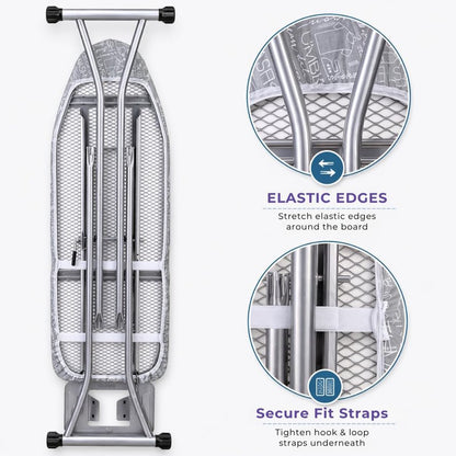 Laundry 360 Ironing Board Cover with Pad Grey Color | Elastic Edge Hook Loop Fasteners | Scorch Resistant Cotton Surface | Complete Replacement Set