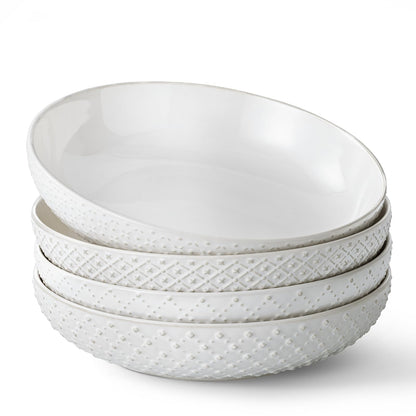 Y YHY 8.5" Pasta Bowls Set of 4, 30 oz Embossed Salad Bowls for Serving Soup, Noodle, Fruit, Dinner, Kitchen Deep Plates, Ceramic Dinnerware Sets, Soft White Dishes for Thanksgiving Day Gifts