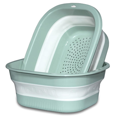 Cemome Collapsible Dish Basin with Colander, Foldable 2-in-1 Dish Pan and Strainer Set with Drain Holes, Portable Wash Basin for Kitchen Sink, Camping, Travel & RV (Green)