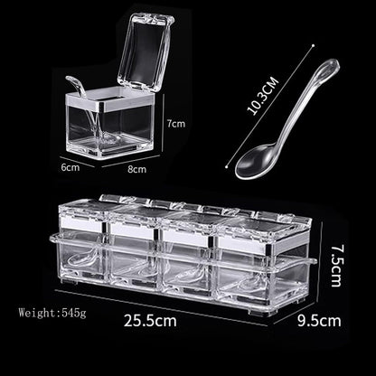 TENTA KITCHEN Gourmet Acrylic Seasoning Box - Premium Quality Pure Acrylic Container and Case- 18/8 Stainless Steel Ring - 4 Serving Spoons -Luxurious Condiment Cruet Bottle, Spice Jar Set