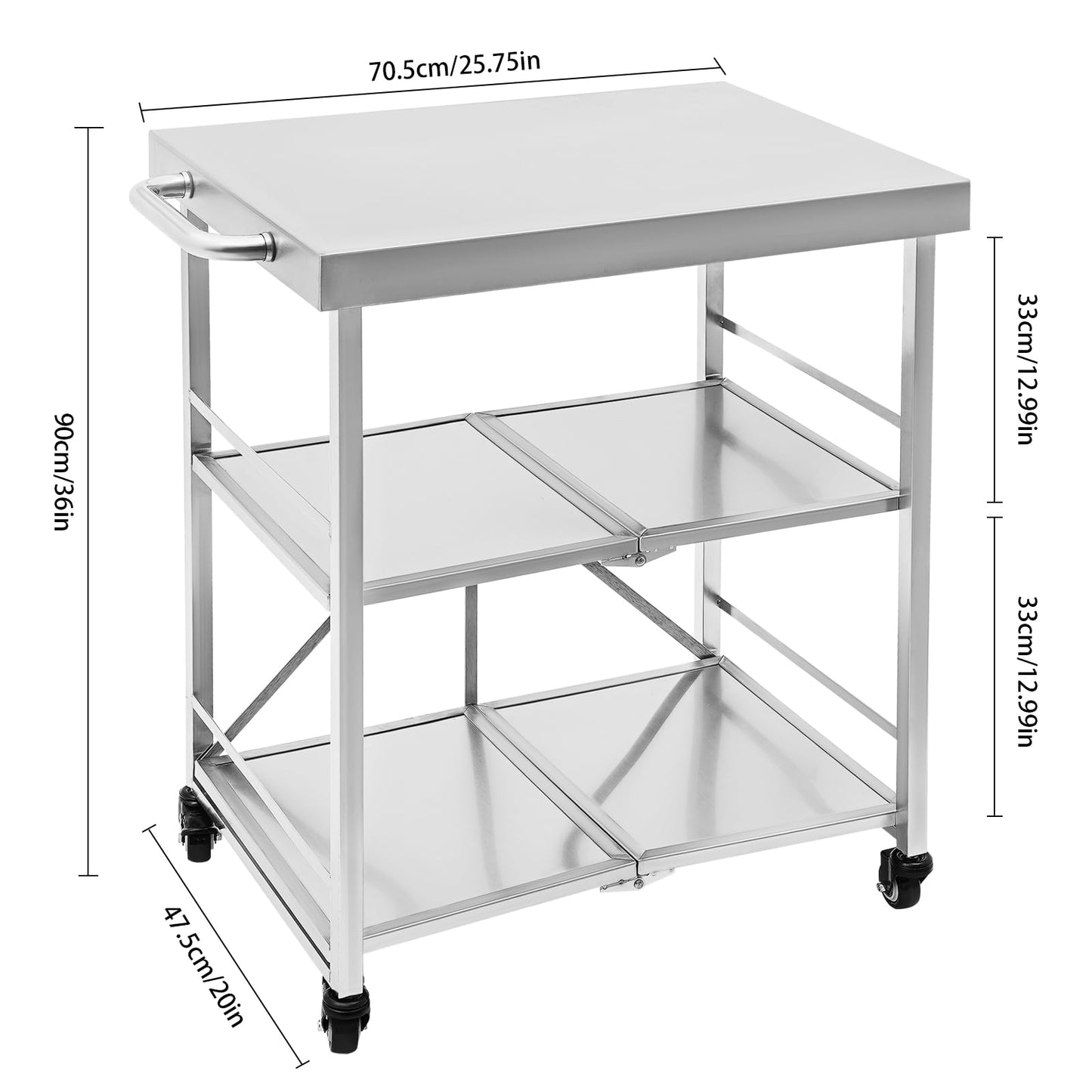 DHccPOLve 3 Tier Stainless Steel Kitchen Trolley Cart Foldable Utility Serving Storage Rolling Car Shelf (25.75 * 20 * 36inch Silver)