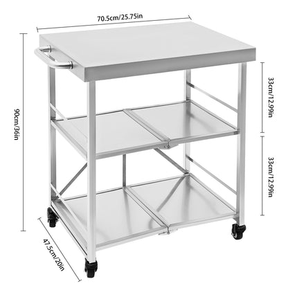 DHccPOLve 3 Tier Stainless Steel Kitchen Trolley Cart Foldable Utility Serving Storage Rolling Car Shelf (25.75 * 20 * 36inch Silver)