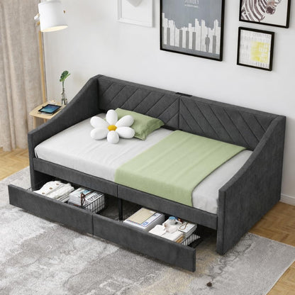 Arhomefurni Upholstered Twin Size Daybed with Two Storage Drawers, Twin Leatherair Sofa Bed Daybed with Wood Slat Support,No Box Spring Needed (Dark Grey)