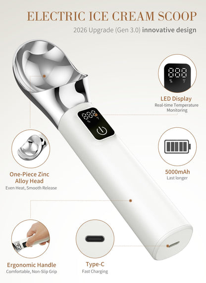 Heated Ice Cream Scoop Rechargeable, 5000mAh Battery Electric Ice Cream Scoop for Hard Icecream and More with LED Display, Self-Warming Heats To 158℉, IP67 Waterproof, Ideal Kitchen Gifts (White)