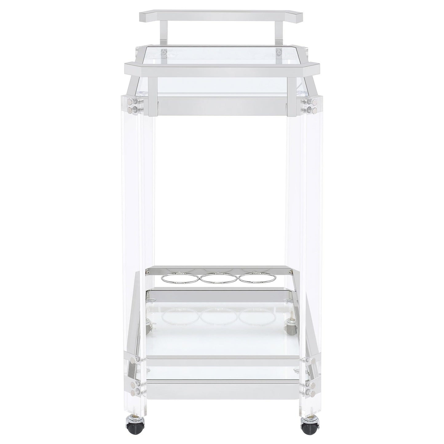 BOWERY HILL Bar Cart, Chrome Finish, Acrylic and Metal Frame with Glass Shelves, 35" H x 28.5" W x 17.25" D, Wine Bottle and Stemware Racks, Contemporary Style Serving Cart with Wheels