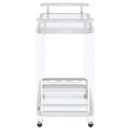 BOWERY HILL Bar Cart, Chrome Finish, Acrylic and Metal Frame with Glass Shelves, 35" H x 28.5" W x 17.25" D, Wine Bottle and Stemware Racks, Contemporary Style Serving Cart with Wheels