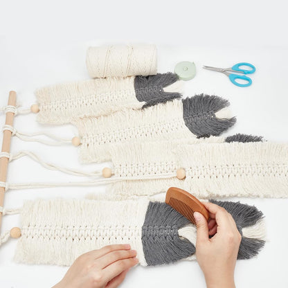 ORIGACH DIY Macrame Feather Wall Hanging Kit Boho White and Dark Gray Feather Tapestry Macrame Kit for Adults Beginner Handmade Rustic Macrame Feathers Leaf Wall Hanger Decor for Living Room Bedroom
