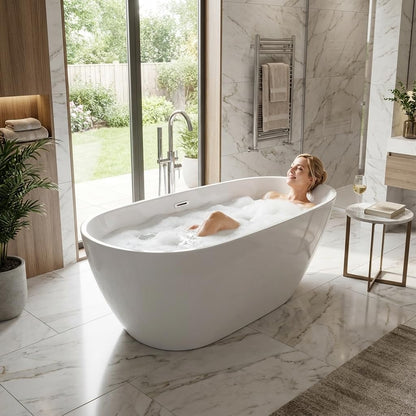 Freestanding Bathtub, Acrylic, Deep Soaking, Modern Upright Bathtub with Matte Drain and Black Overflow, Durable Double Wall, Freestanding for Bathroom, 67'', White