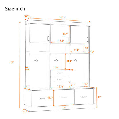 Amposei Hall Tree with Storage Bench & Coat Rack 58’’W Modern Tall Entryway Oranizer Cabinet with 6 Drawers, 3 Metal Hooks for Living Room Hallway Mudroom, Black