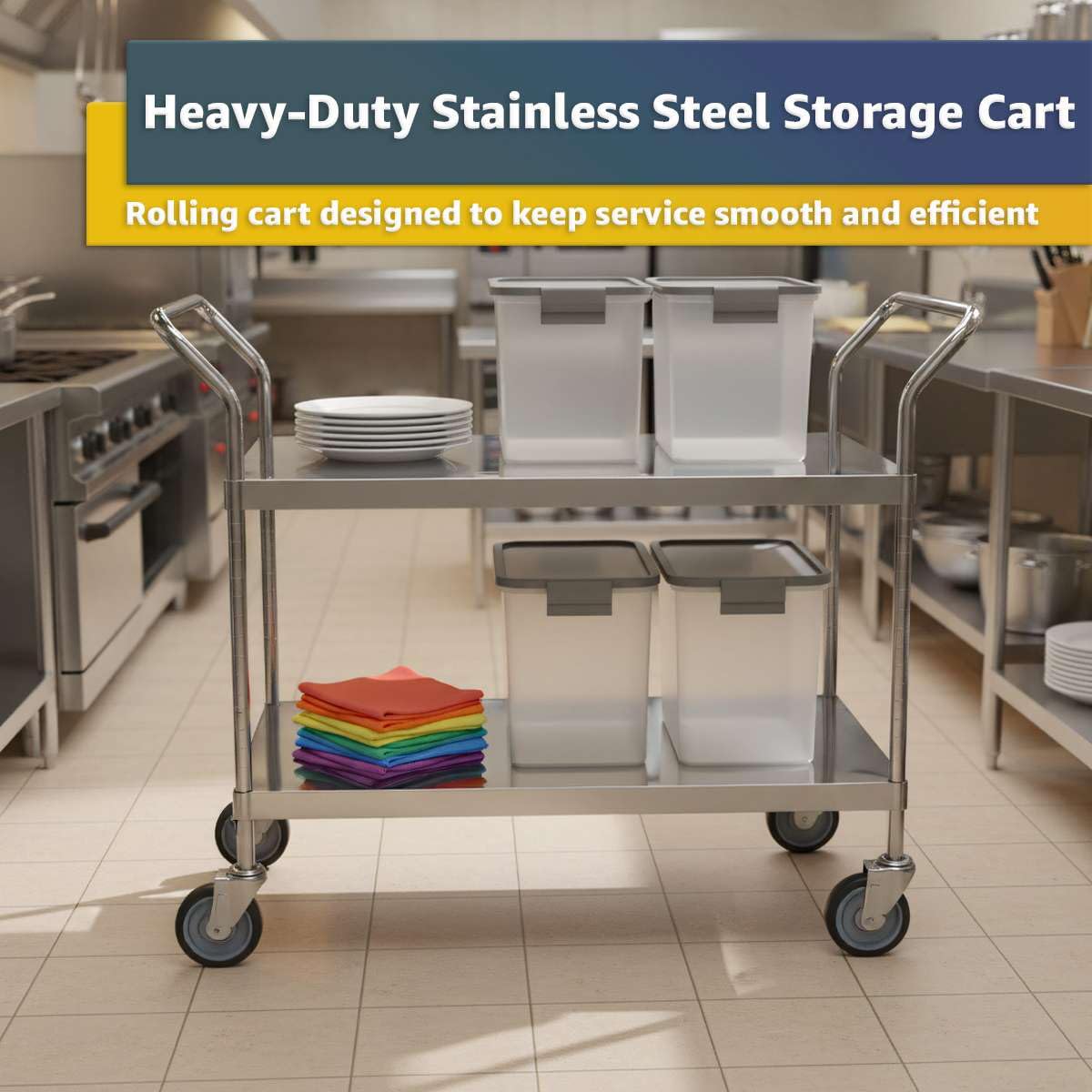 24" x 46" x 37" Stainless Steel Two Shelf Utility Cart - Commercial Heavy-Duty NSF Service Cart with Handles, Storage Rolling Shelving for Warehouse, Office, Food Service