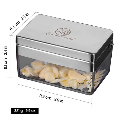 Garlic Press Stainless Steel, Garlic Chopper Mini & Slicer Super Thin 2 in 1, Odor Free Ginger Dicer with Storage Container, Dishwasher Safe Mini Chopper, Premium Mincer with 5 Year Warranty