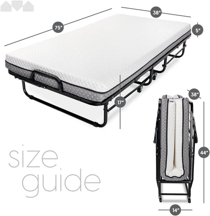 Milliard Deluxe Diplomat Folding Bed with Mattress for Adults, Twin Size, Portable Foldable Bed with Luxurious Memory Foam Mattress & Super Strong Frame, 75” x 38", Fold Up, Roll Away, & Hideaway
