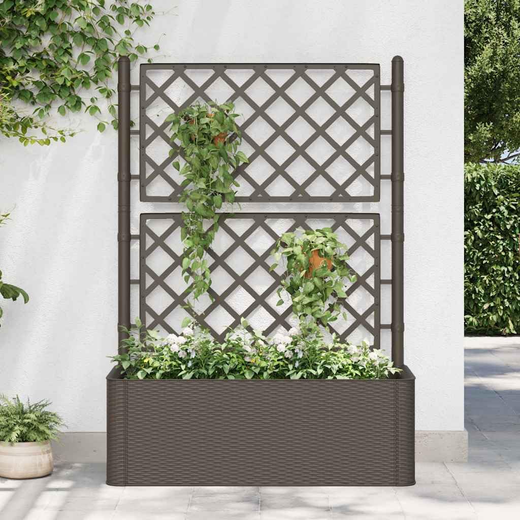 Raised Garden Bed, Mocha Plastic (PP) Large Outdoor Planter with Trellis, Self-Watering System, 39.4 x 39.4 x 55.9 in, Durable Waterproof Materials for Vegetables, Herbs