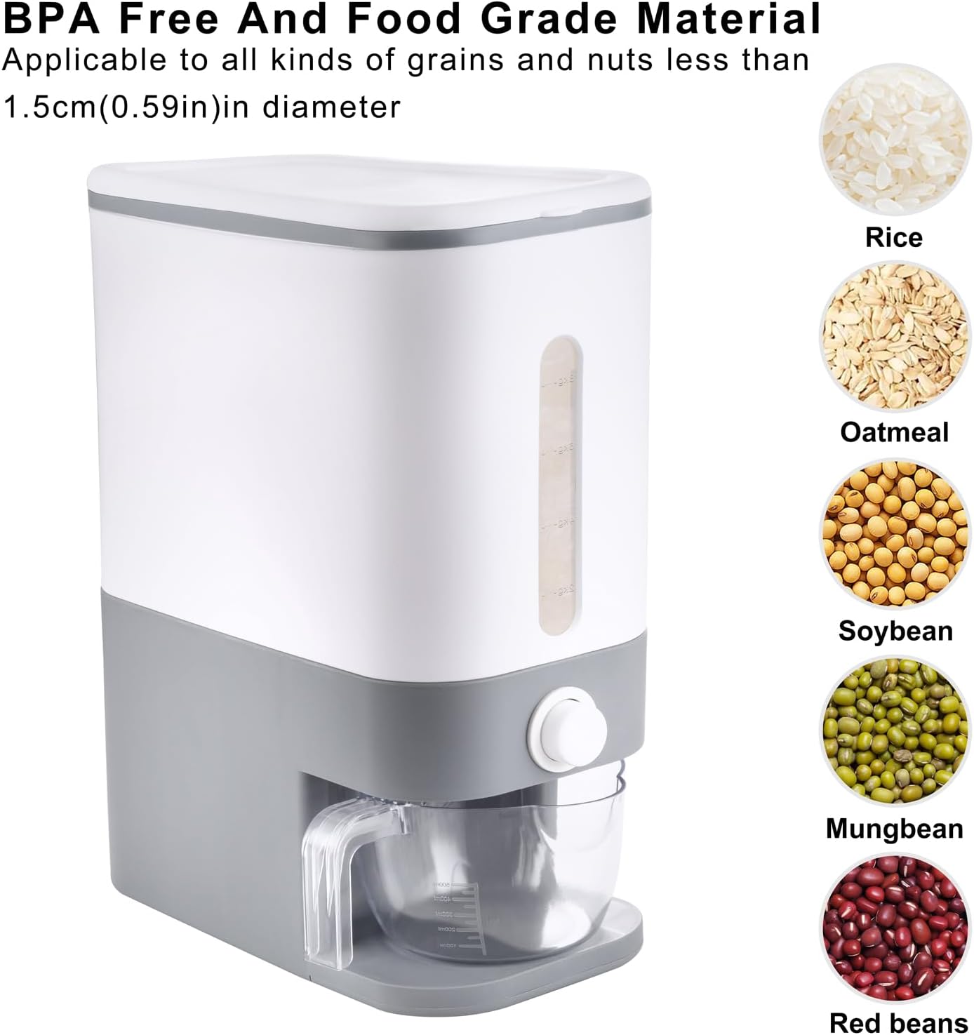 22.5-25 Lbs Rubtlamp Gray Rice Dispenser, Rice Container with Lid, Rice Storage Container with Measuring Cup, Food
