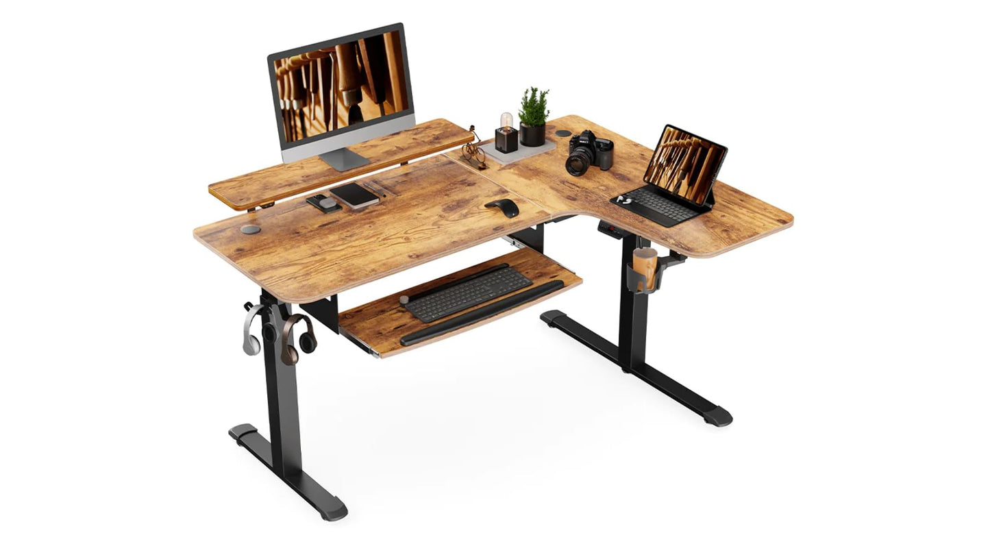 EUREKA ERGONOMIC Standing Desk with Keyboard Tray, Computer Desk, 61" L Shaped Electric Adjustable Height Desk w Monitor Stand LED, Corner Sit Stand Desk Gaming Desk, Dual Motor,Right/Rustic Brown