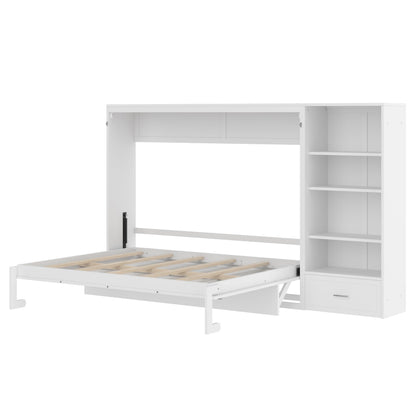 Bellemave Queen Murphy Bed with Height Adjustable Storage Compartments and Shelf, Wall Bed Frame, Murphy Cabinet with Foldable Panel, Noisy Free, for Guest Bedroom, Living Room, White