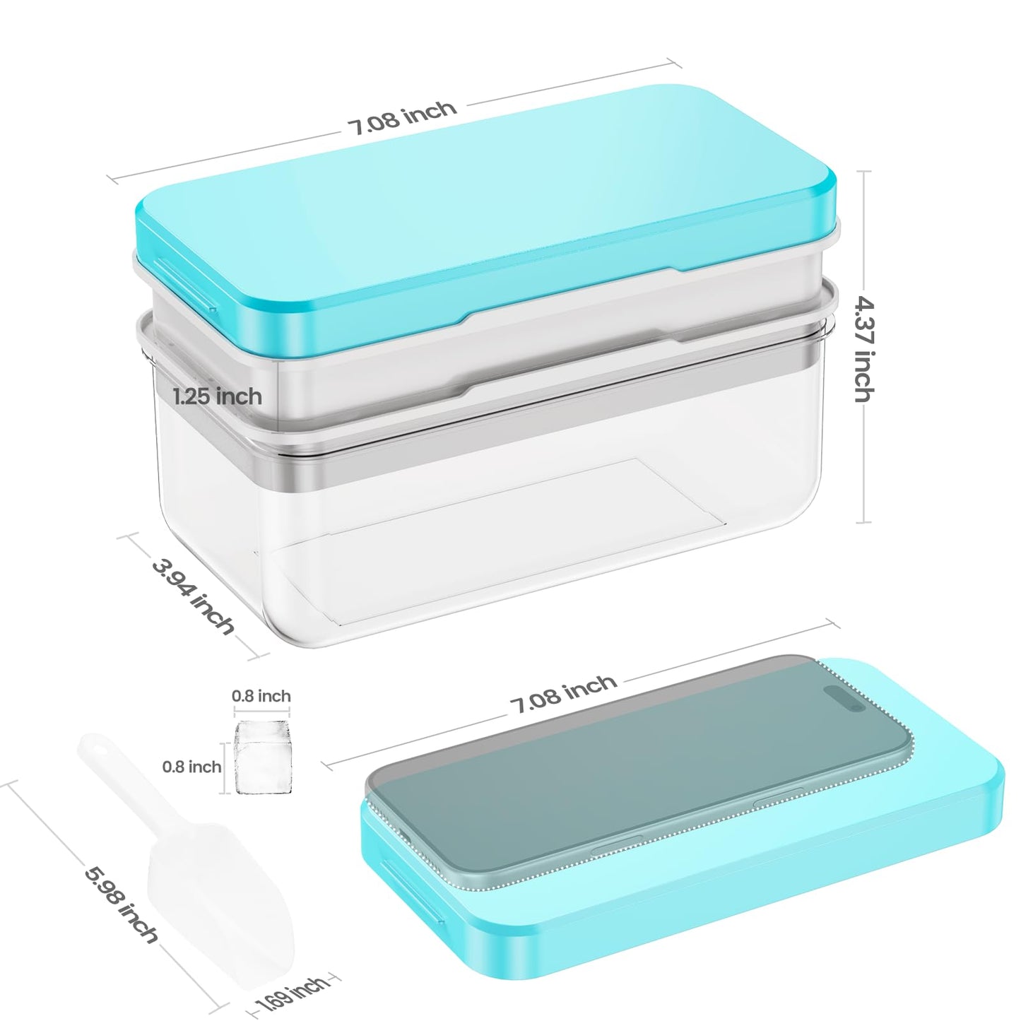 Ice Cube Tray with Lid and Bin, PHINOX 56 pcs Ice Trays for Freezer, Ice Cube Trays for Freezer with 2 trays, Container, Lid & Ice Scoop, BPA Free