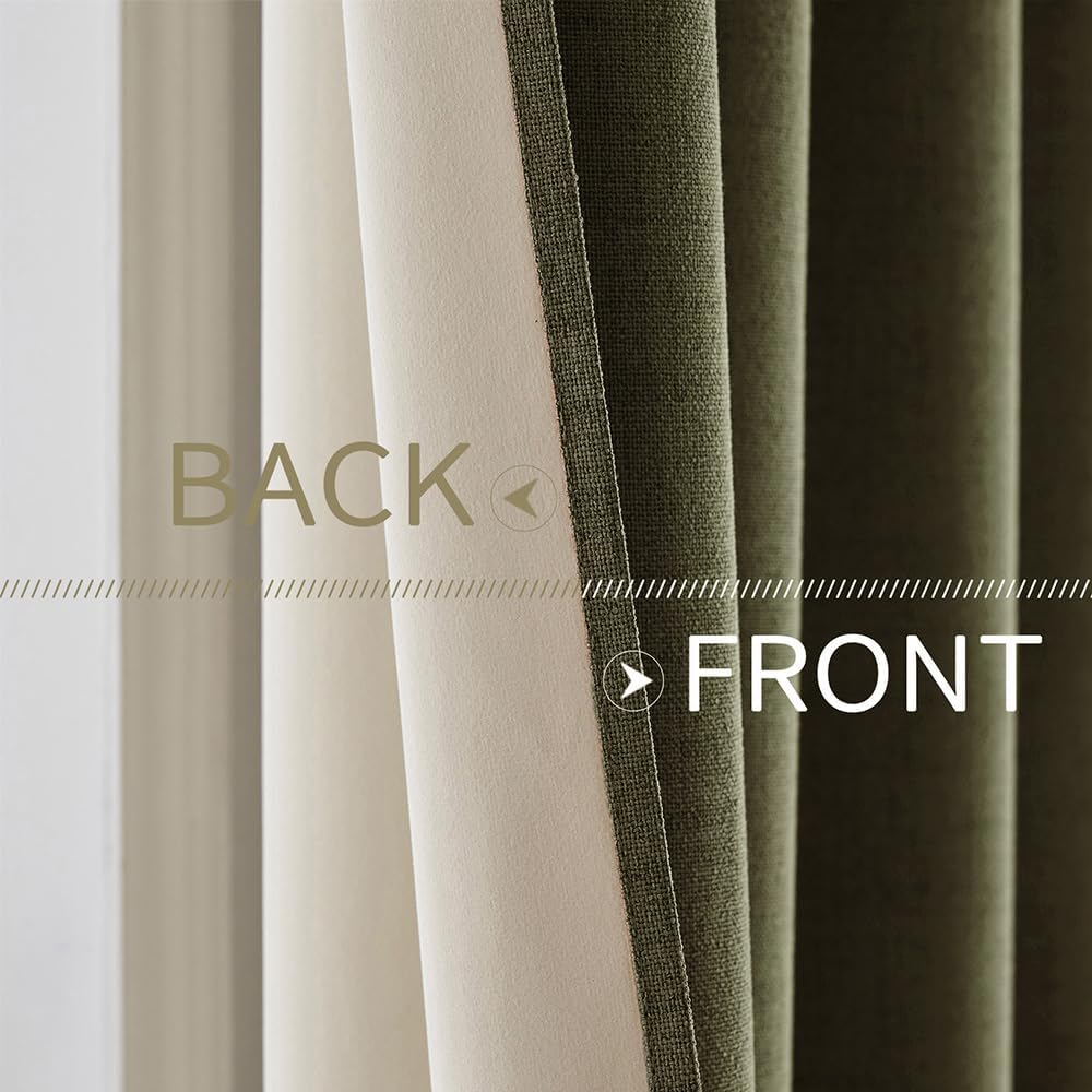 MIULEE Blackout Curtains - 100% Thermal Insulated Linen Texture Drapes | Light Olive Green, 52x84 Inch (2 Panels)