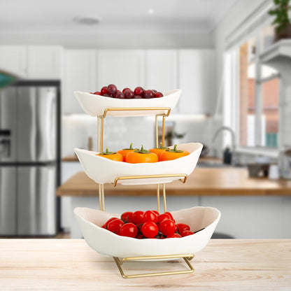 jessie 3 Tier Ceramic Fruit Bowls for Kitchen Counter with Metal Rack, Fruit Basket with Stand, Porcelain Bowls for Fruit Vegetable Bread Candy Snack Nuts Dessert Cake Tray (White 3 Layer)