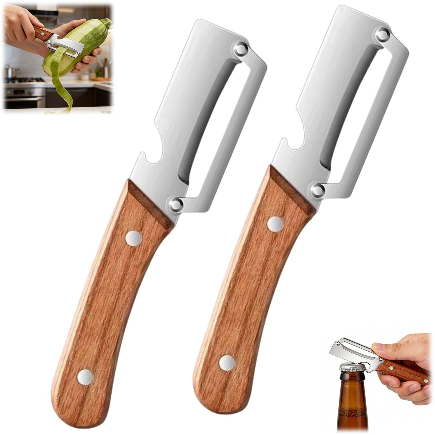 2PCS Multi Functional Premium Vegetable Peeler with Wooden Handle and Bottle Opener,Stainless Steel Blade Kitchen Tool for Fruit Apple Potato Pumpkin Papaya Carrot