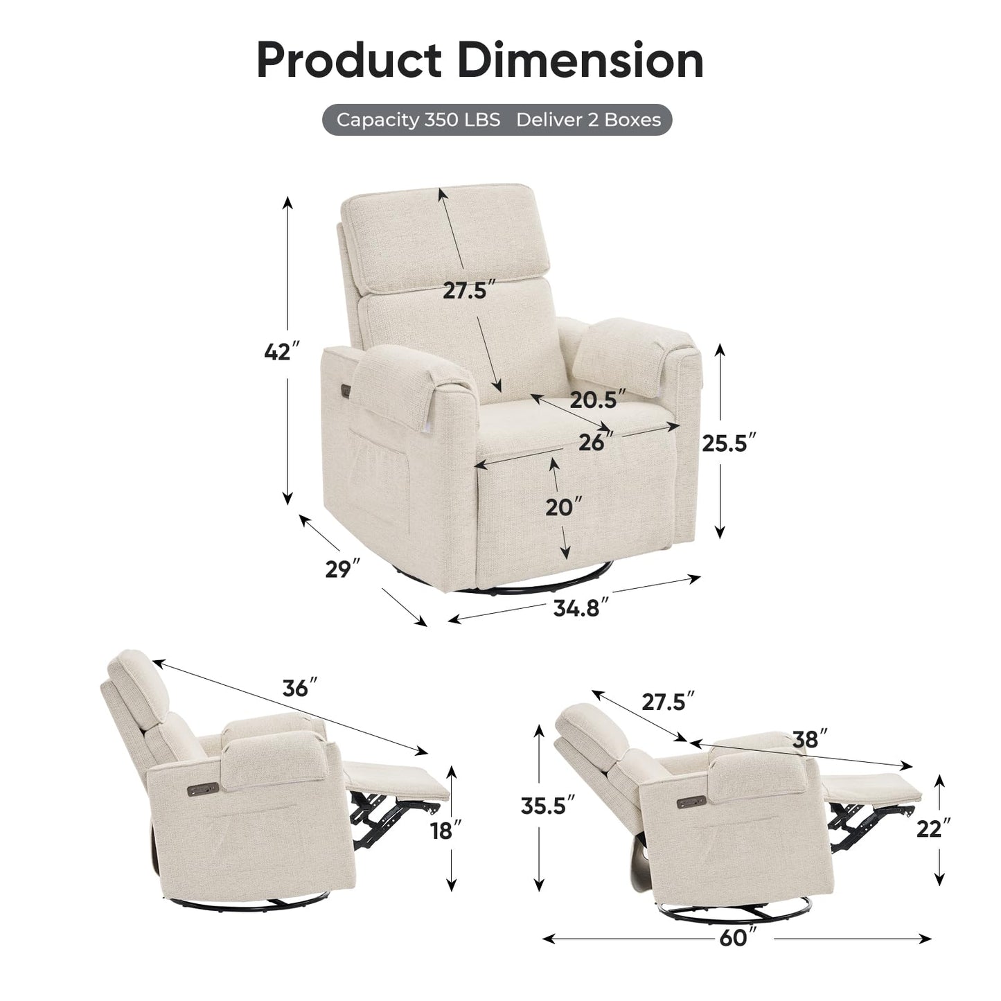 Rhevoy Oversized Power Recliner Chair, 26" Extra Wide Swivel Rocker Recliner with Adjustable Headrest, Chenille Glider Rocking Nursery Chair with Overstuffed Armrest, USB Ports, White